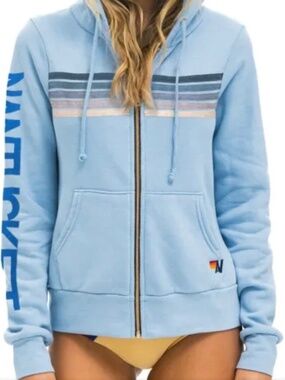 Aviator Nation 5 Stripe Zip Hoodie Ice Blue Nantucket Limited Edition